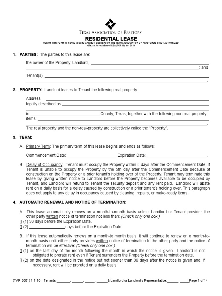 Texas Association of Realtors Residential Lease Agreement Lease