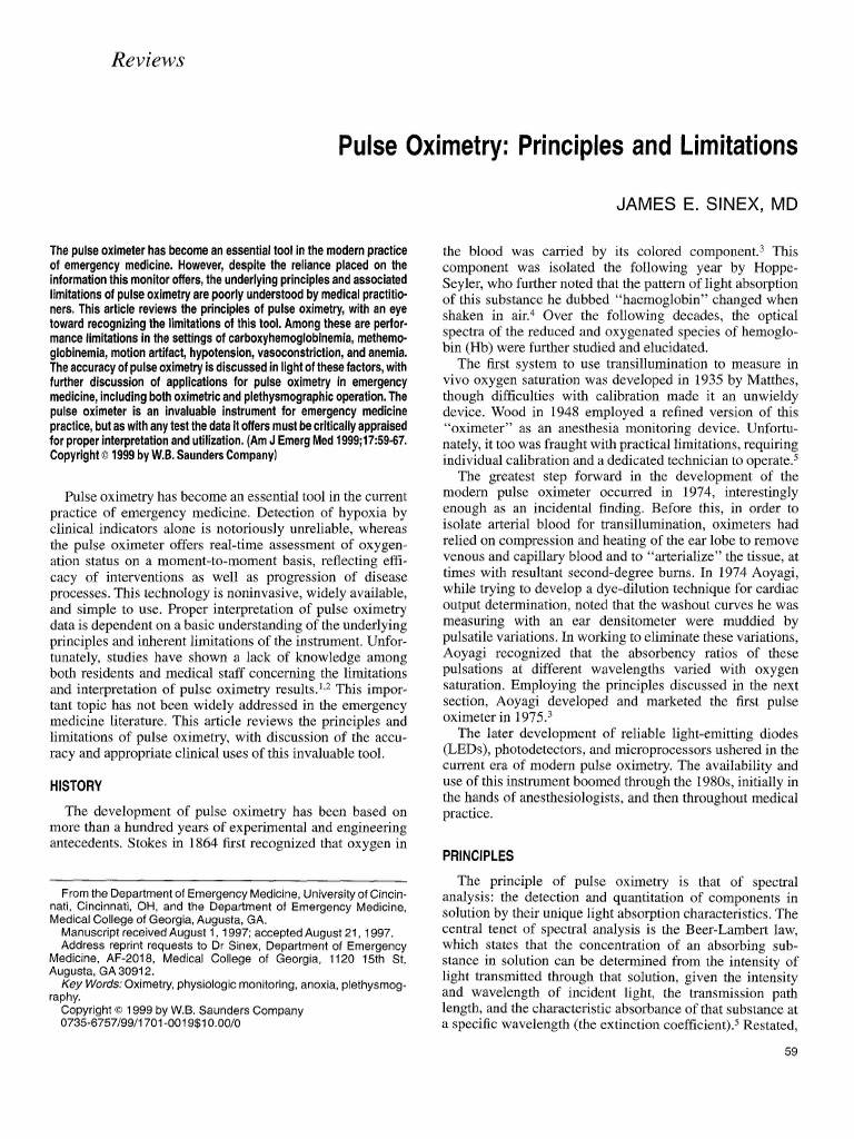 Pulse Oximetry Principles and Limitations Reviews PDF Medical