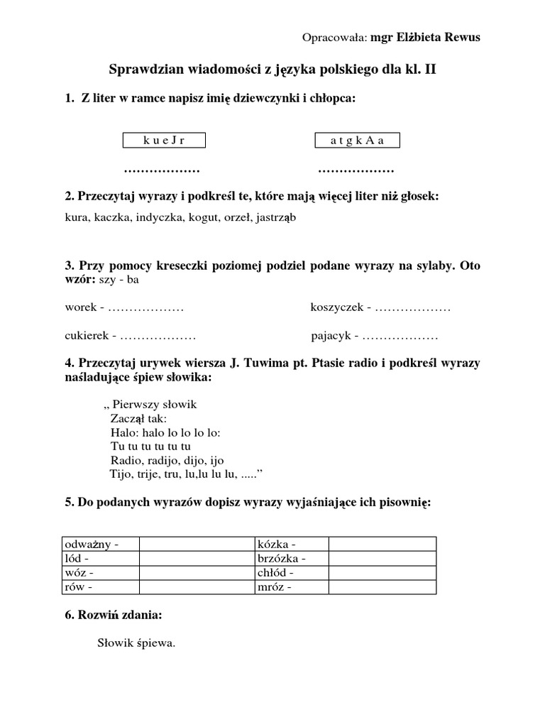 Sprawdzian Głoski Litery Sylaby Klasa 5