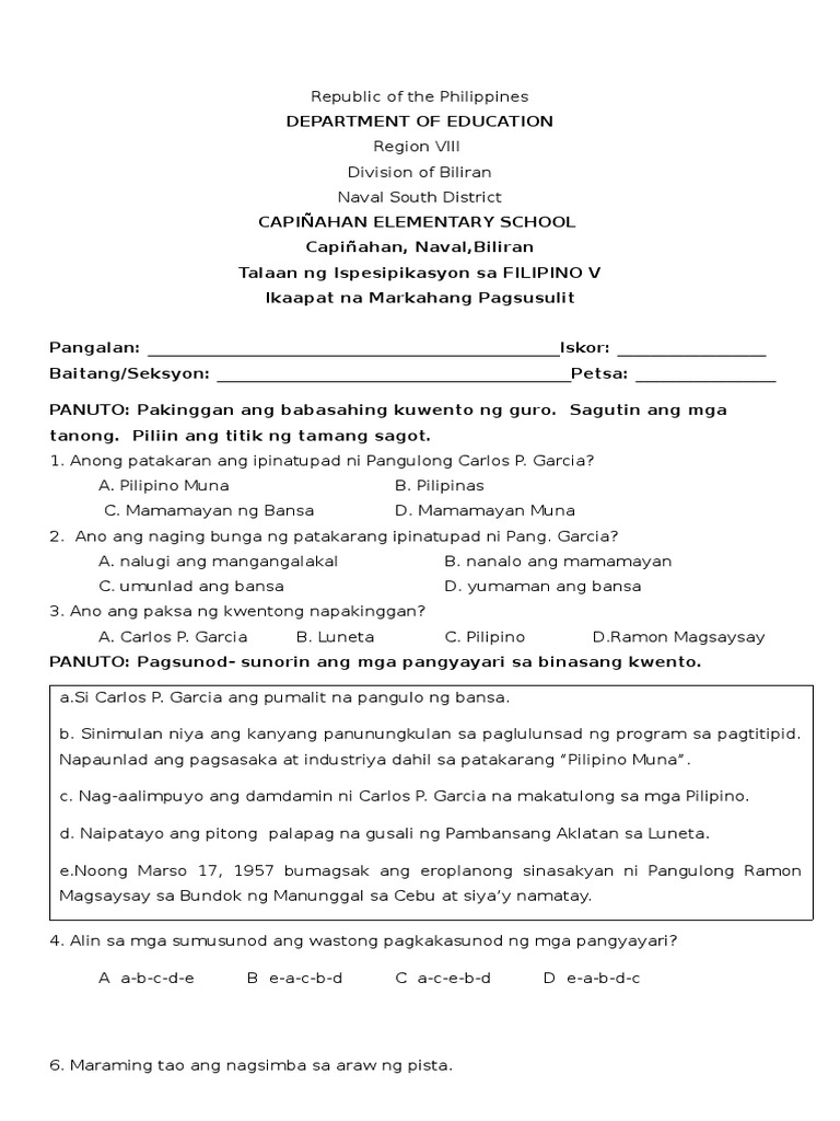Fourth Periodical Test In Filipino Pdf