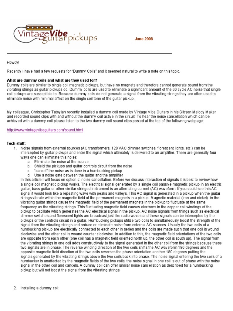 Dummy Coils For Pickups PDF Inductor Guitars