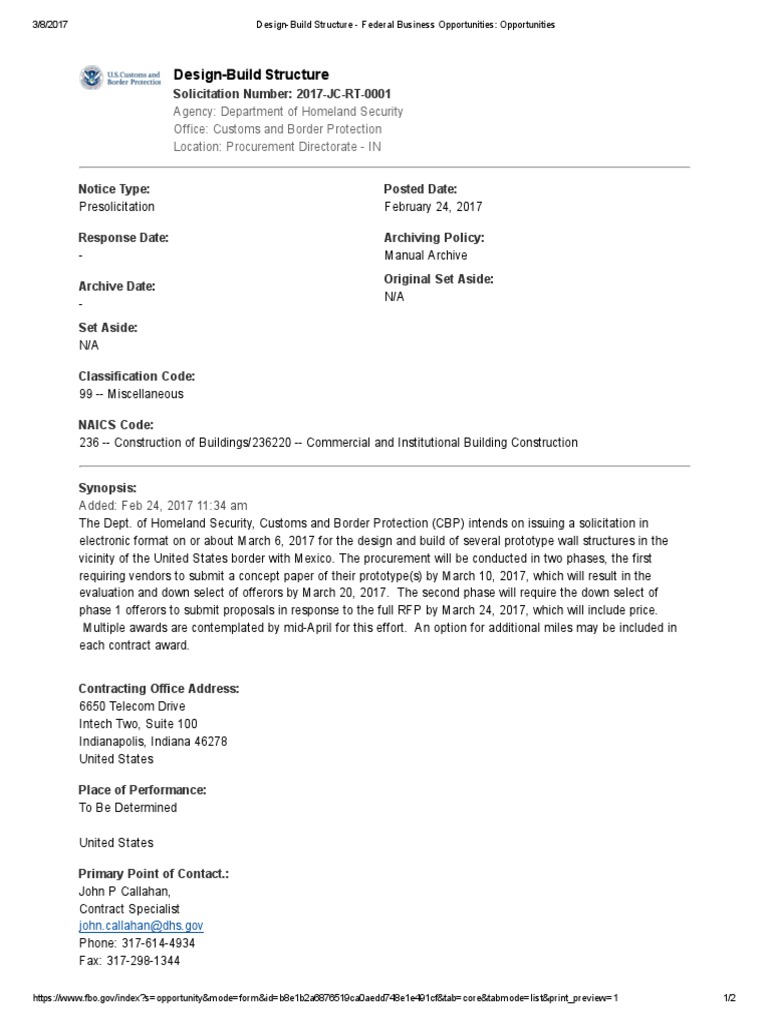 CBP Wall Prototype Design-Build RFP | PDF | U.S. Customs And Border ...