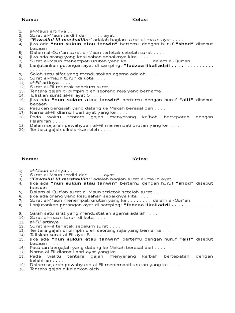 Ulangan Kls 5 Bab Surat Al Maun Dan Al Fil