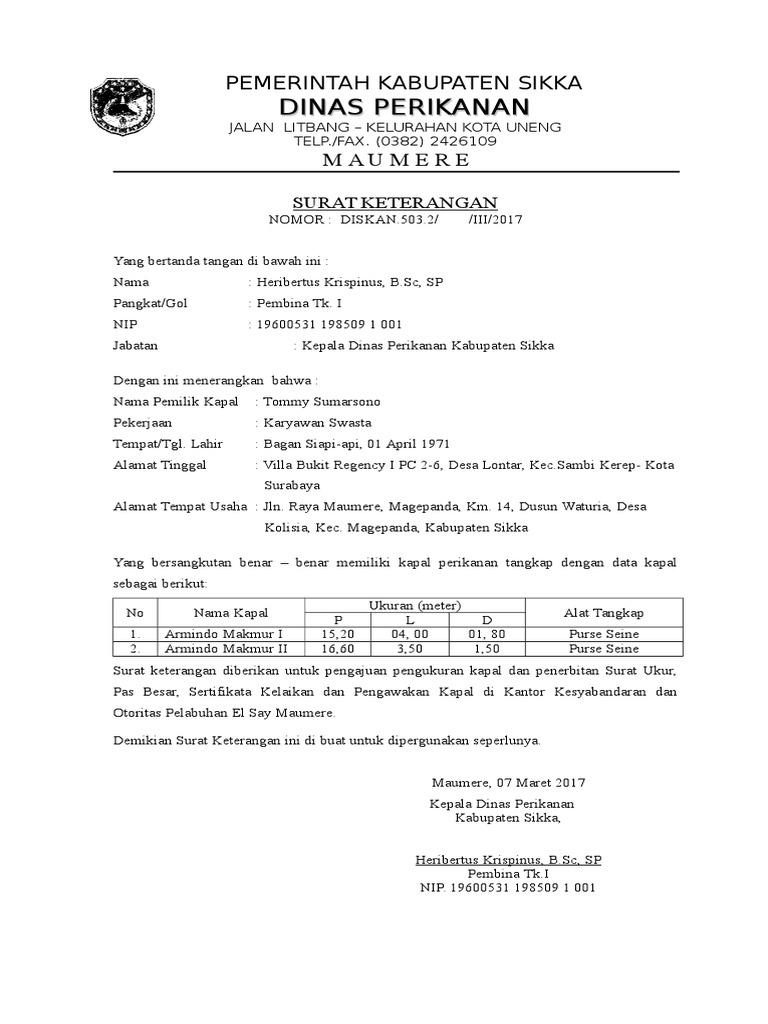 Surat Keterangan Kepemilikan Kapal Perikanan