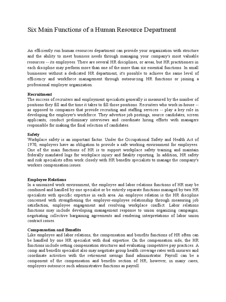 Six Main Functions of a Human Resource Department Employment Human