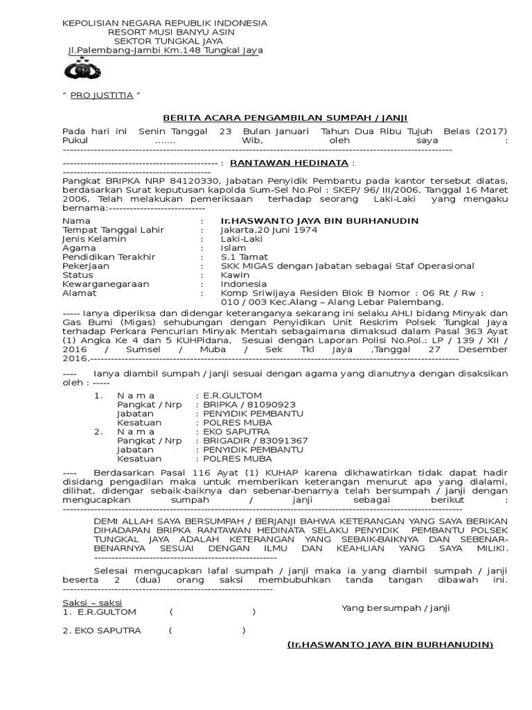 Berita Acara Sumpah Saksi