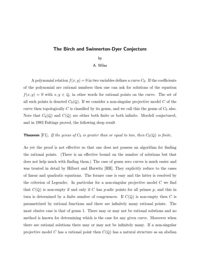 Birch And Swinnerton Dyer Conjecture Awiles P Pdf Abstract Algebra