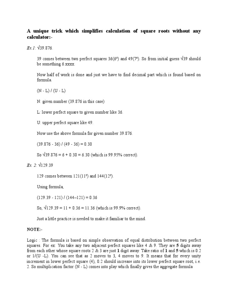 Square Root Calculation Tricks | PDF | Fraction (Mathematics ...