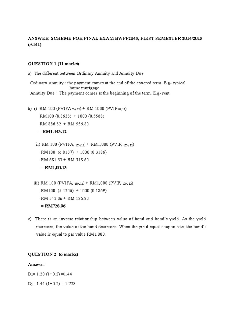 A141 Recovery Exam Answer Scheme | PDF | Cost Of Capital | Financial ...