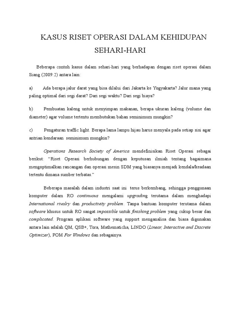Kasus Riset Operasi Dalam Kehidupan Sehari