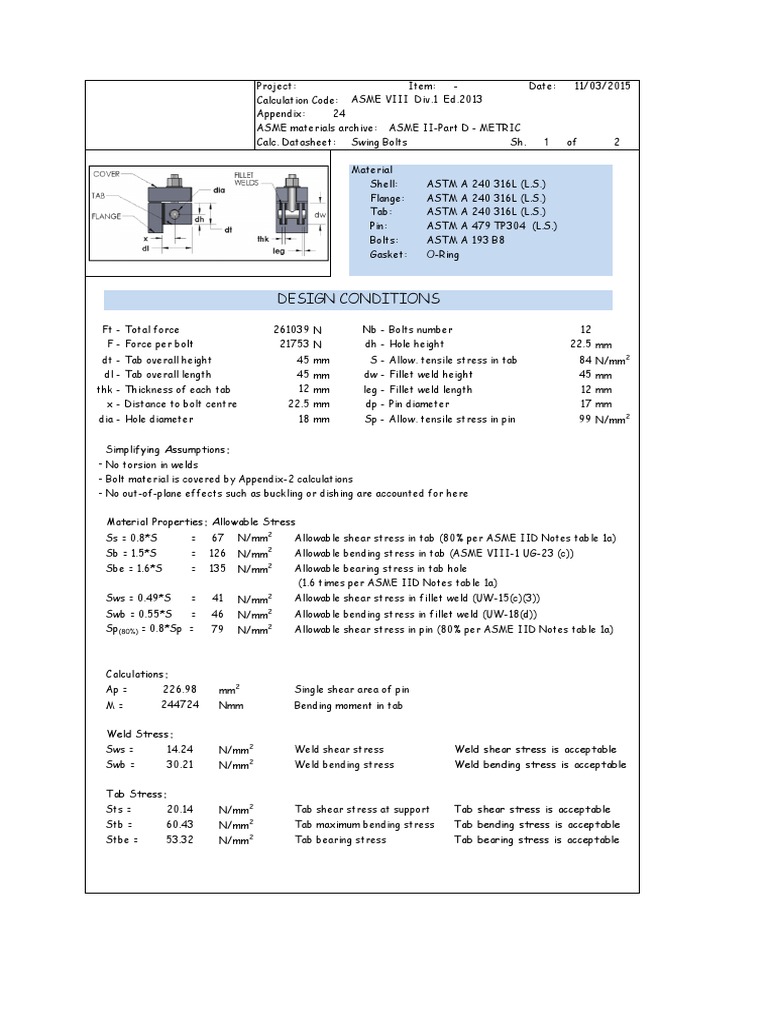 Swing Bolt Assembly Design Calculations | PDF | Screw | Bending