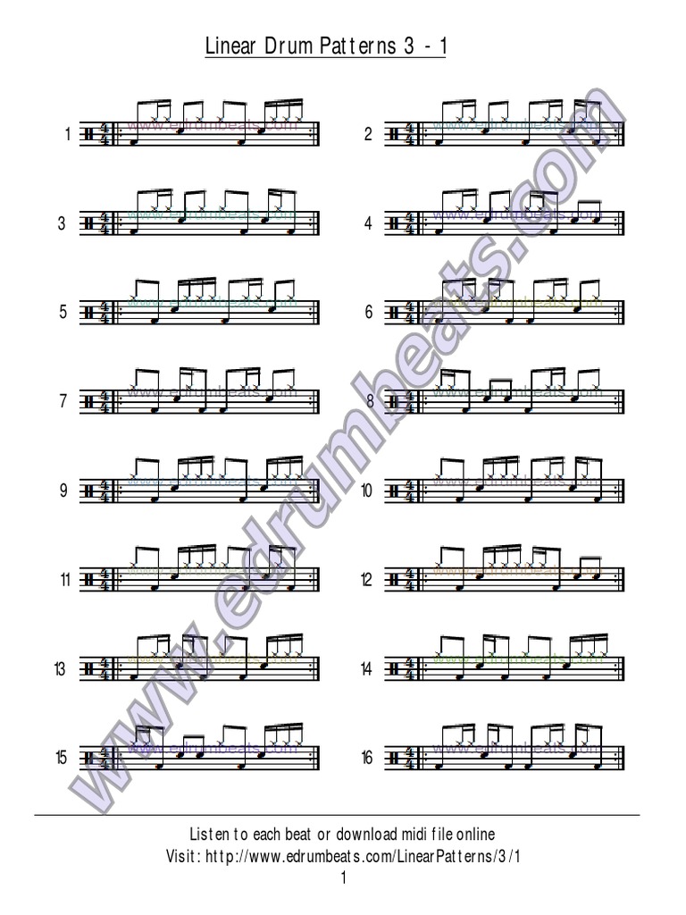 Linear Drum Patterns 3 1 Listen To Each Beat Or Download Midi File
