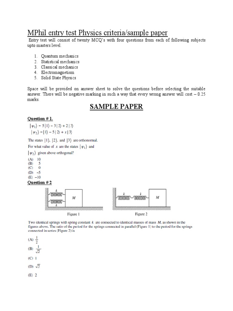 MPhil Physics Entry Test Sample Paper & Criteria | PDF