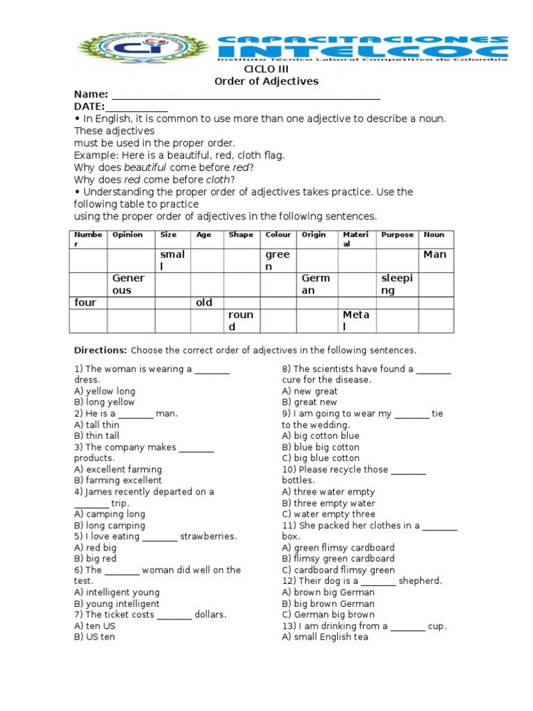 Order of Adjectives Practice Guide | PDF | Adjective | Linguistic Typology