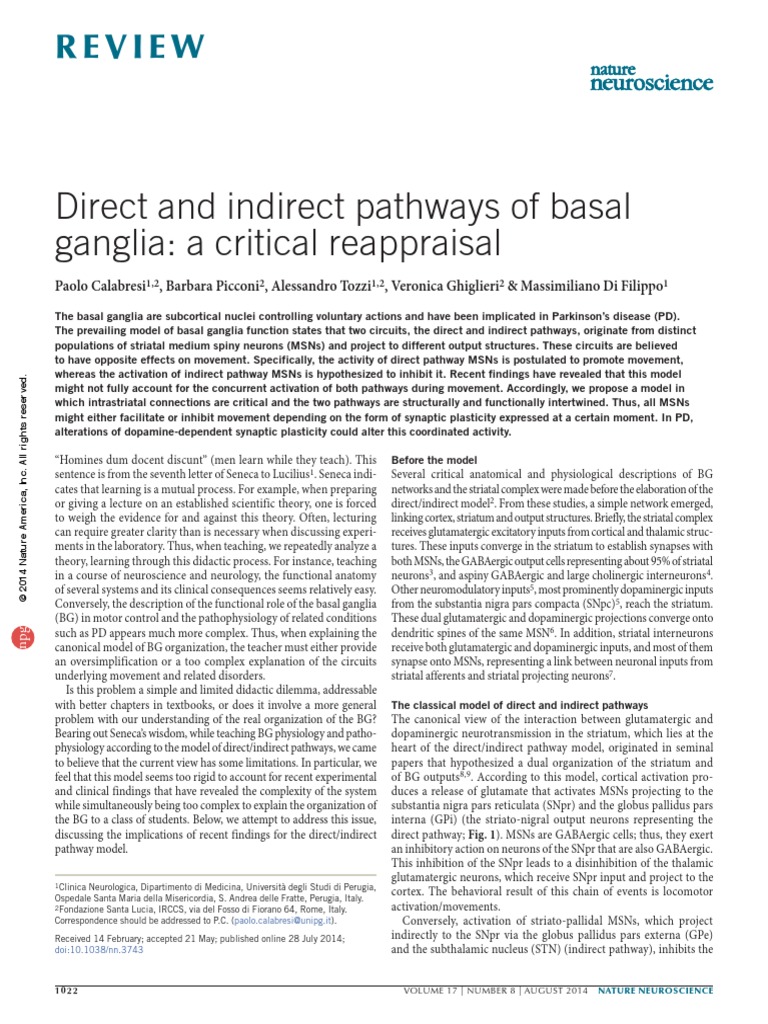Direct and Indirect Pathways of Basal Ganglia A Critical Reppraisal ...