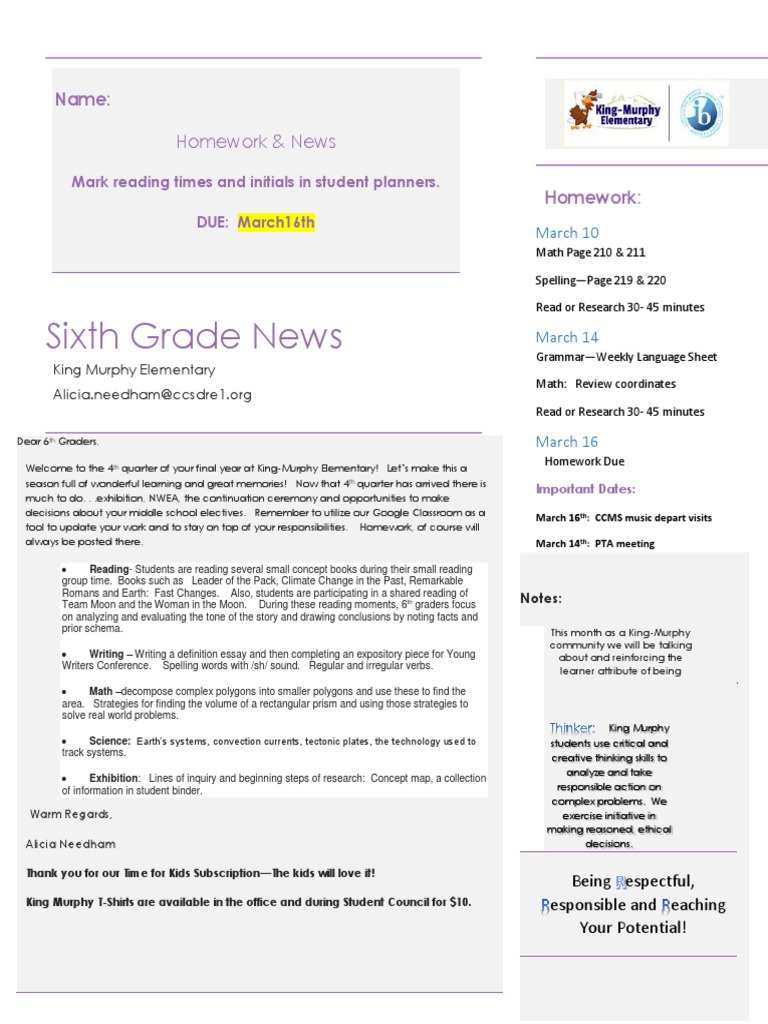 Sixth Grade Homework & News Update | PDF | Homework | Teaching Mathematics
