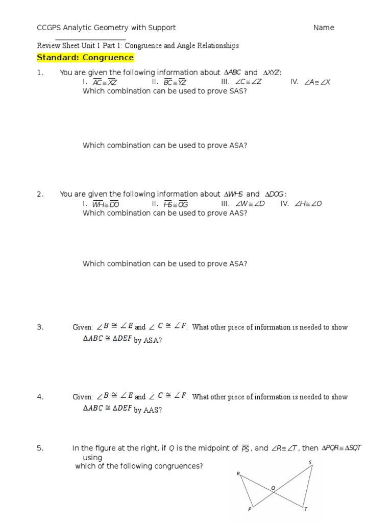 Congruence and Angle Relationships Review | PDF | Euclidean Plane ...