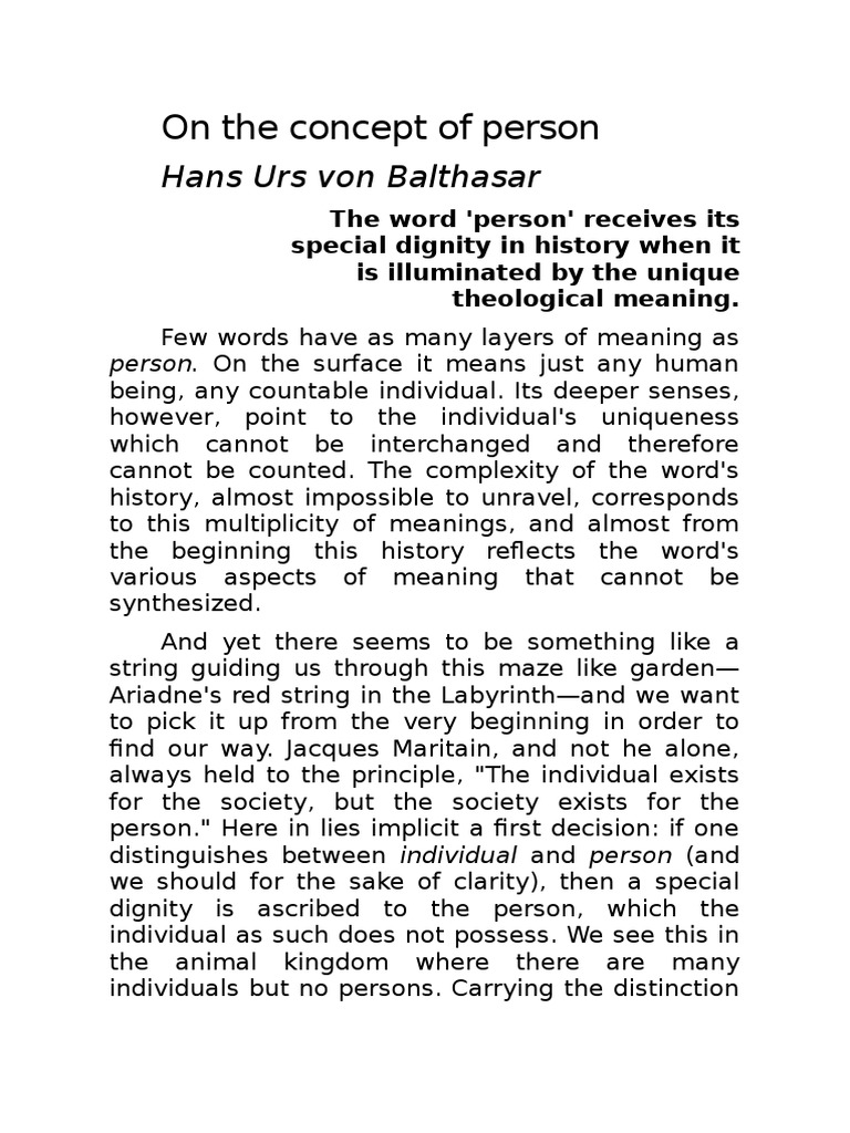 Hans Urs Von Balthasar - Concept of Person in Theology | PDF | Trinity ...