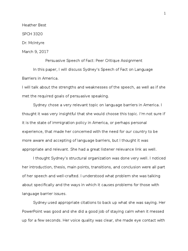 Peer Critique Paper - Speech of Fact  PDF  Emotions  Semiotics