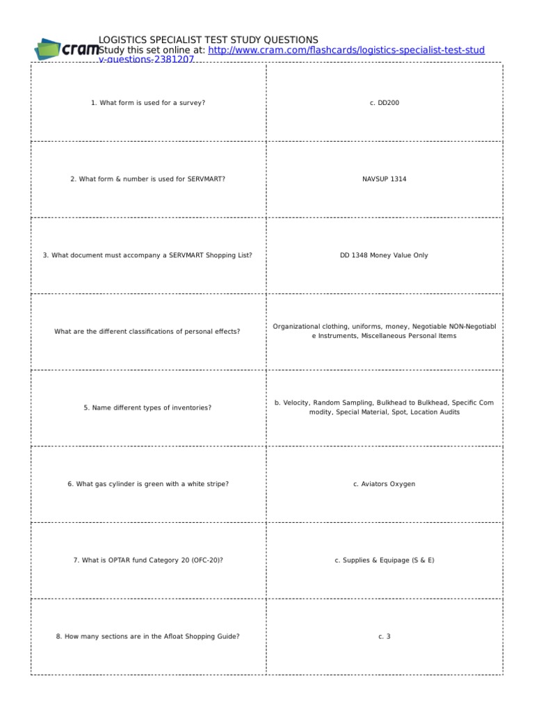 Logistics Specialist Tests | PDF | Logistics | Mail