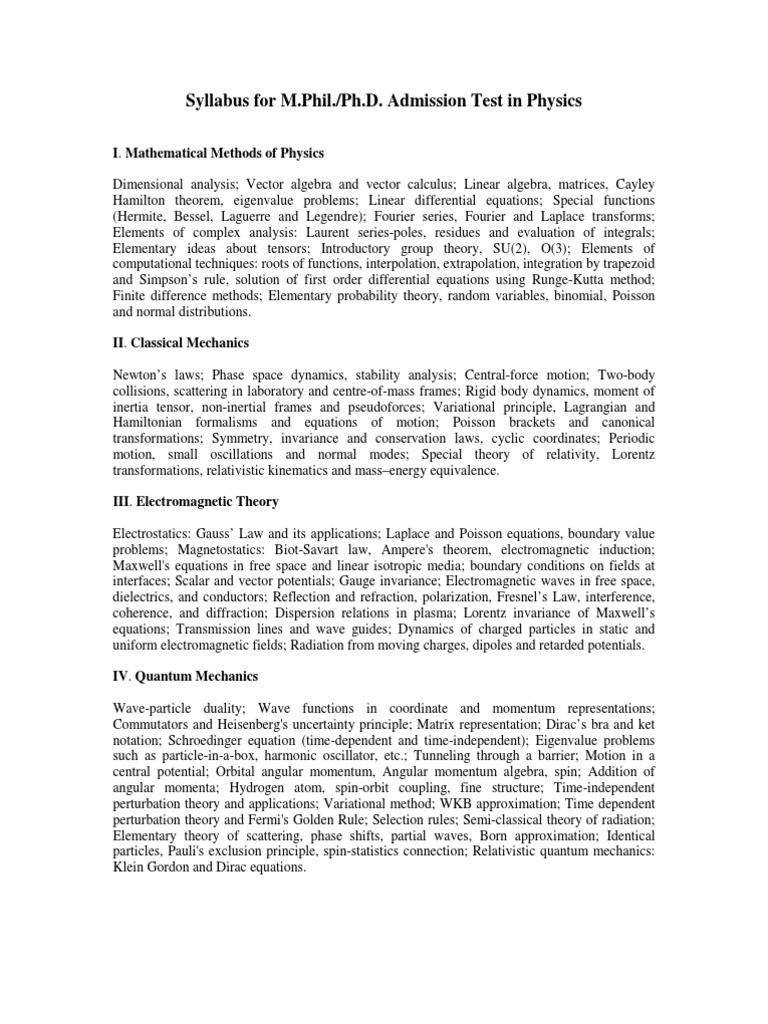 AMU Physics M.Phil./Ph.D. Syllabus | PDF | Quantum Mechanics | Spin ...