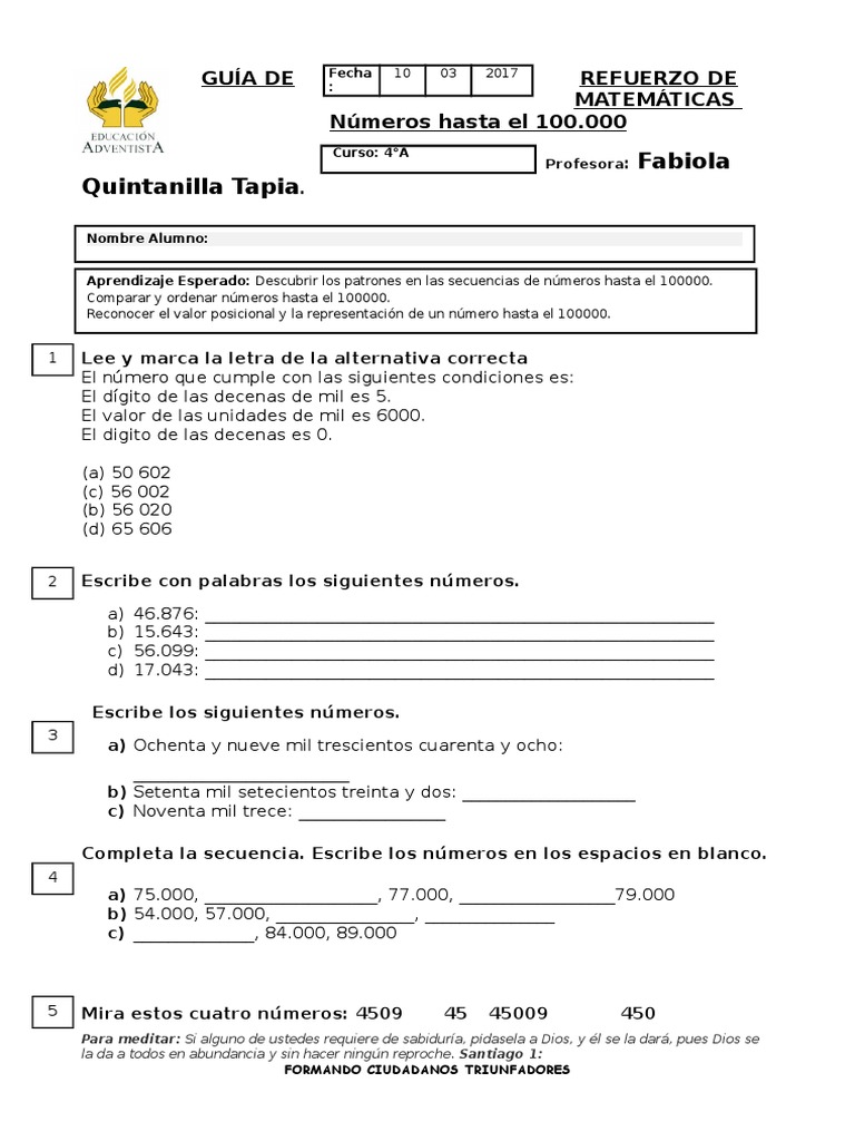 Actividades de Números hasta 100,000 | PDF | Notación Matemática ...