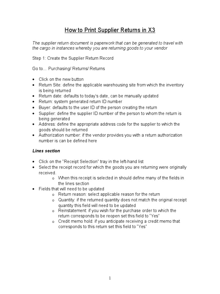 How to Print Supplier Returns in X3.doc | System Software | Technology