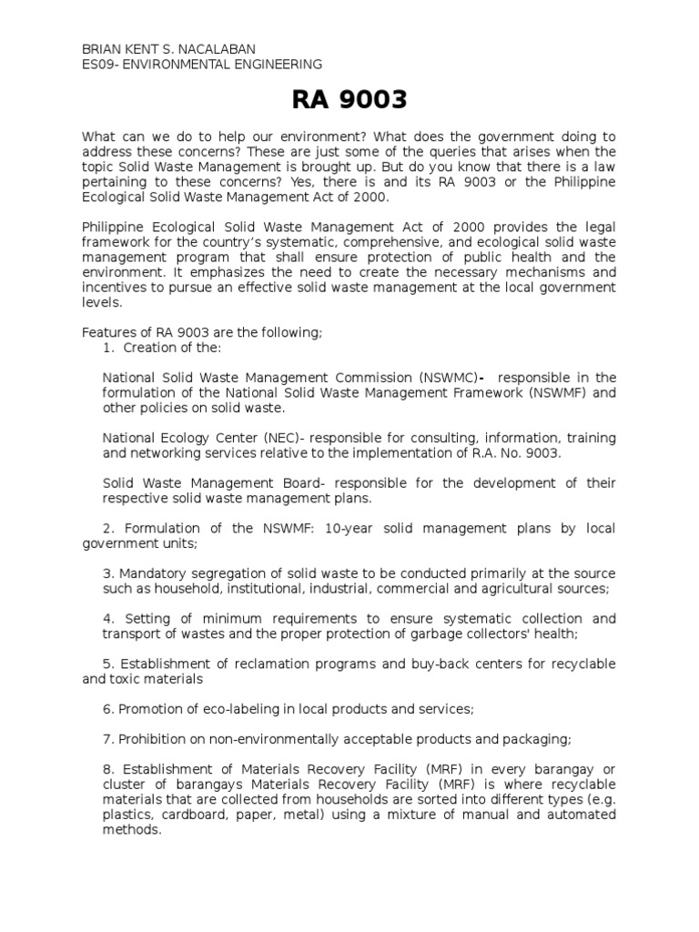 Republic Act 9003 Municipal Solid Waste Waste Management