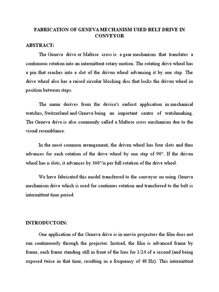 Fabrication of Geneva Mechanism Used Belt Drive in Conveyor PDF