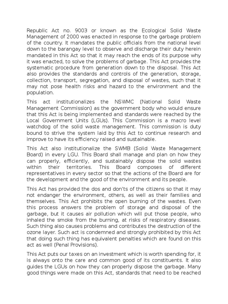 The Importance of Republic Act No 9003 PDF Waste Management Waste