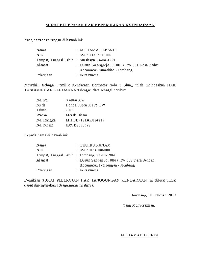 Surat Pelepasan Hak Kepemilikan Kendaraan Contoh Surat Pelepasan Mobil Atas Nama Pt Surat 35.