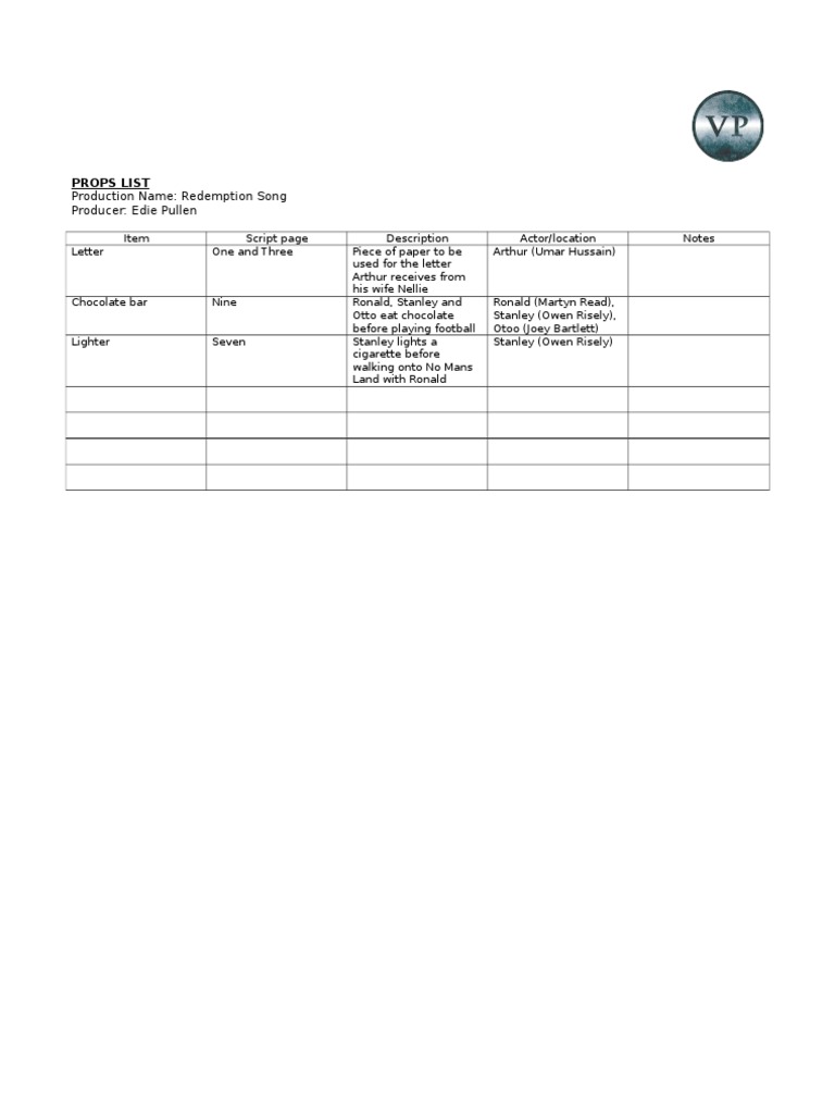 Props List for 