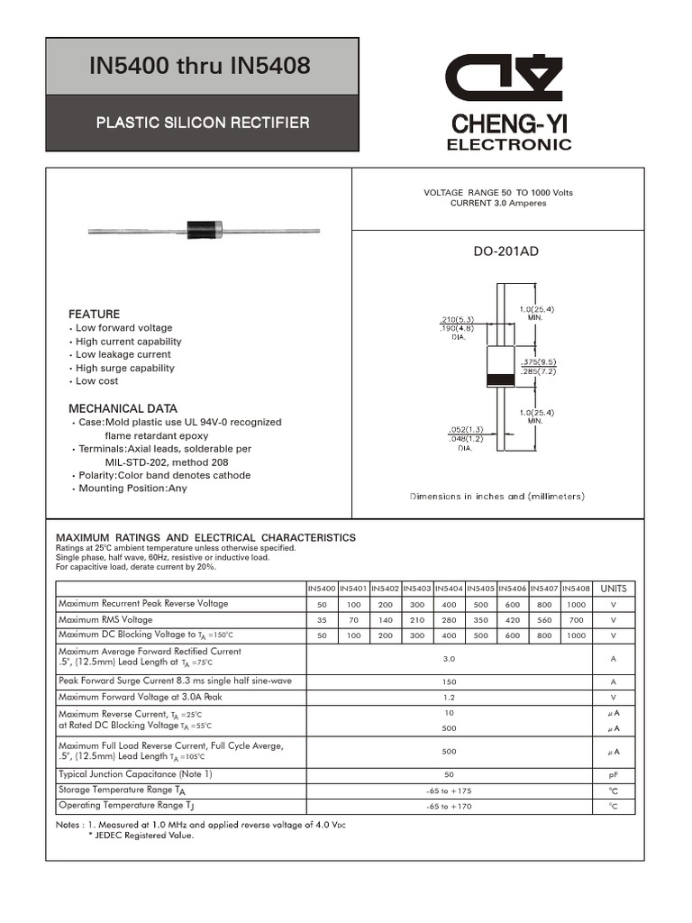 IN5400 to IN5408 Diode Specifications | PDF | Rectifier | Capacitor