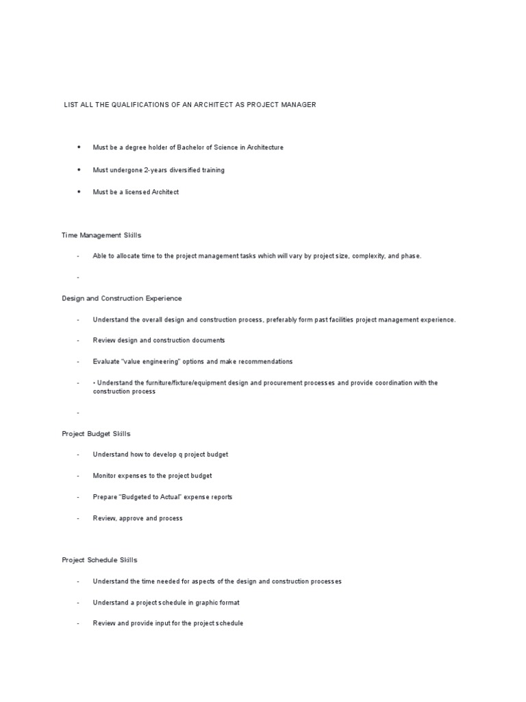 List All the Qualifications of an Architect as Project Manager