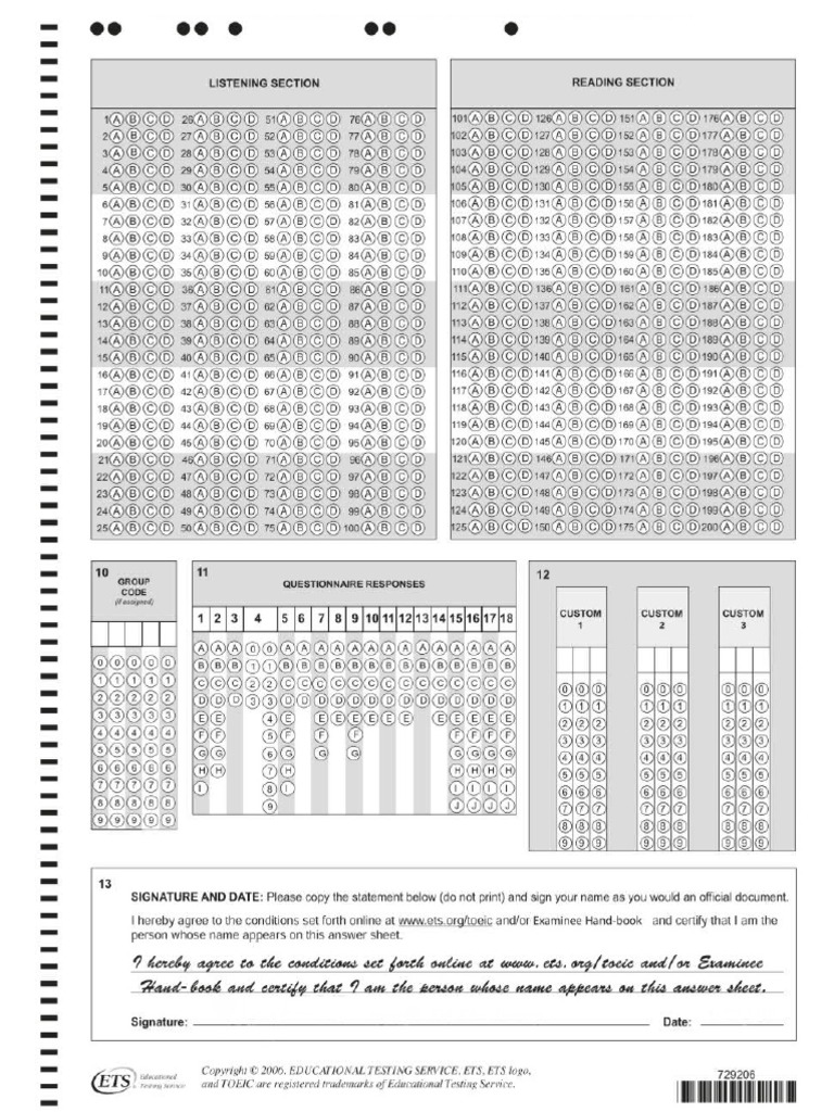 Answer sheet toeic