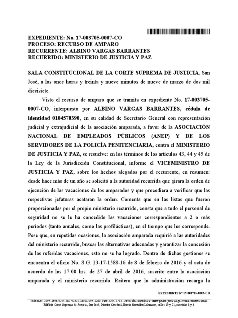 Recurso de Amparo Presentado Contra Ministerio de Justicia y Paz | PDF ...