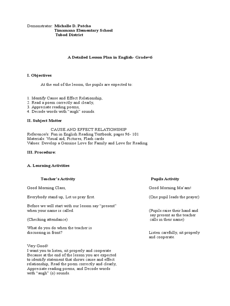 Lesson Plan in English 6 | PDF | Language Arts & Discipline