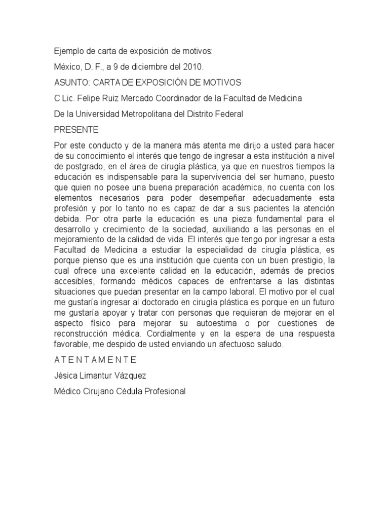 Ejemplo de Carta de Exposición de Motivos