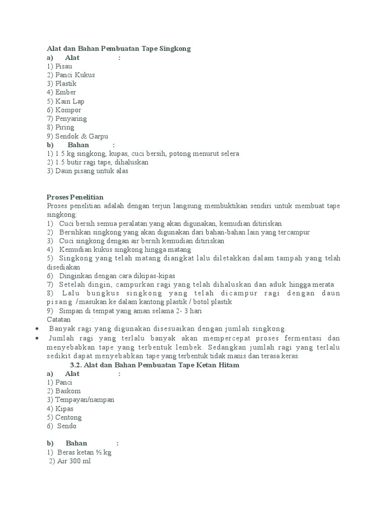 Alat Dan Bahan Pembuatan Tape Singkong | PDF
