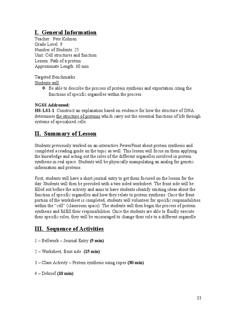 Path of A Protein Lesson Plan PDF Proteins Cell (Biology)