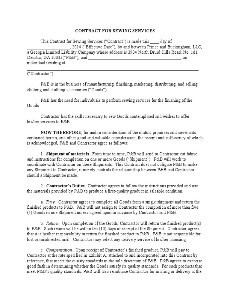 Contract For Sewing Services | PDF | Independent Contractor | Trade Secret