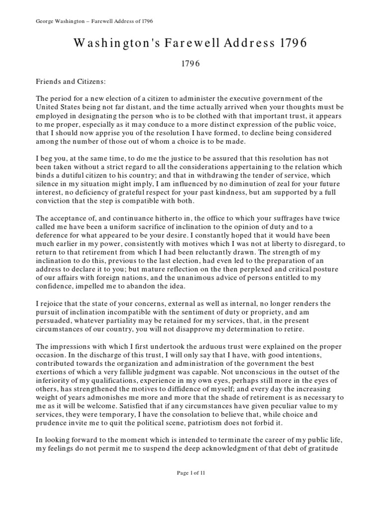 Washington Farewell Address of 1796 PDF Washington