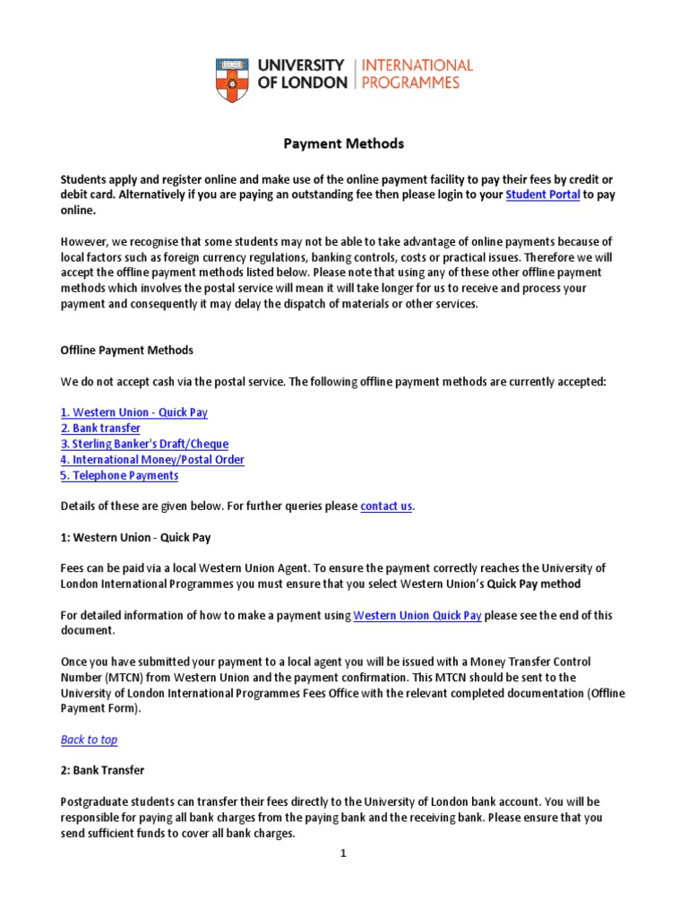 Payment Methods Birbeck College Payments Wire Transfer