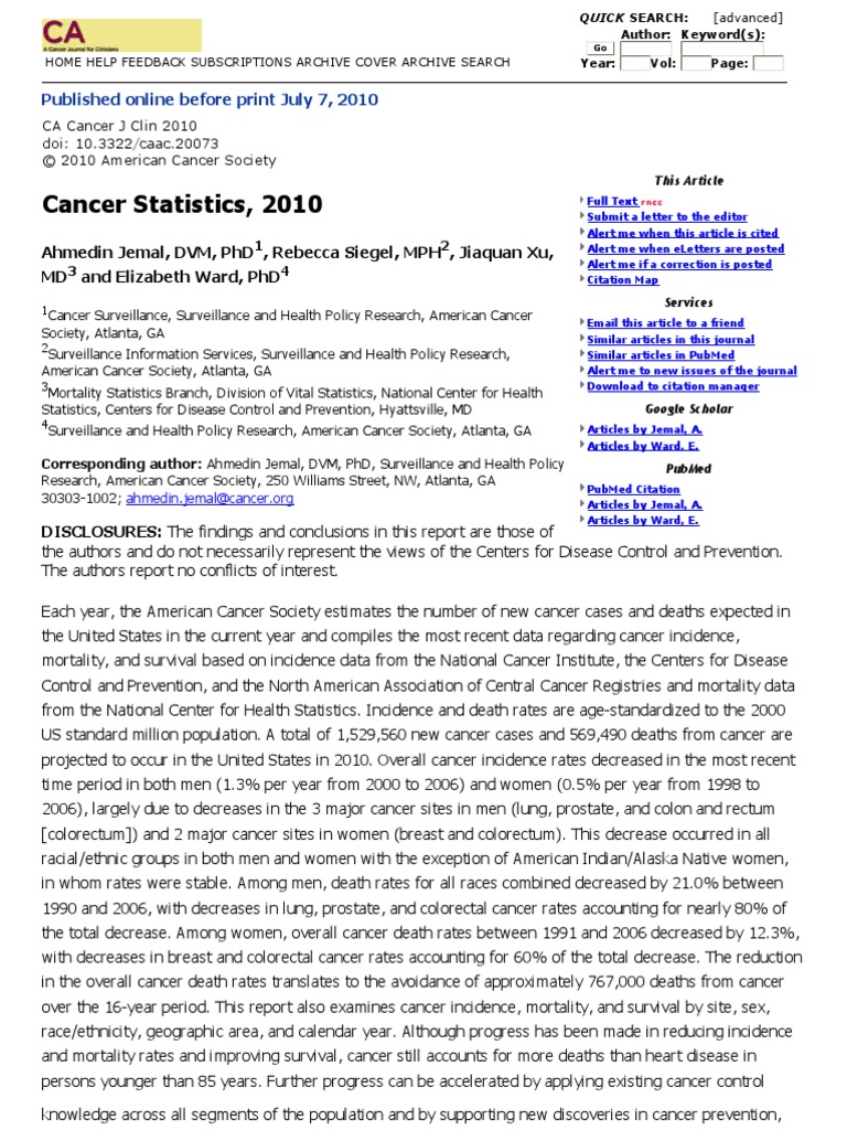 Cancer Statistics, 2010 - ... | PDF | Colorectal Cancer | Mortality Rate