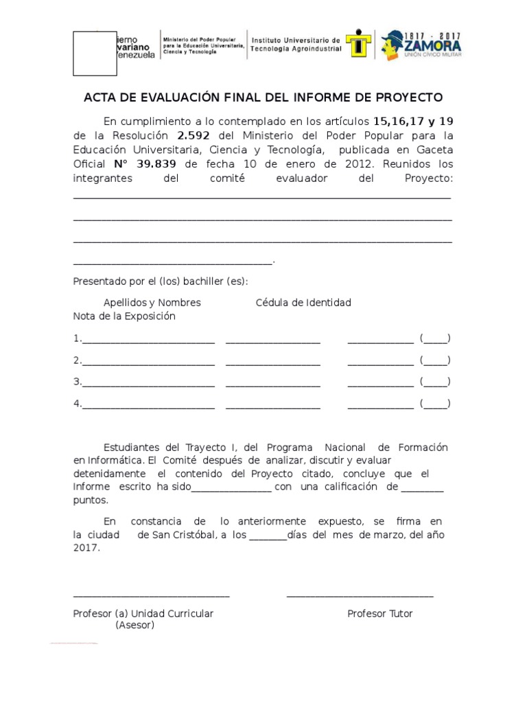 Acta de Evaluacion Final Del Informe de Proyecto Sociotecnologico | PDF