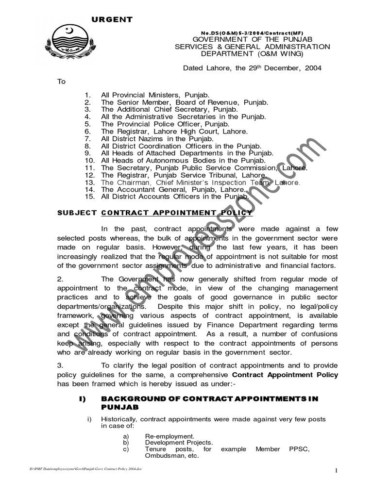 Punjab Govt. Contract Policy 2004 Civil Service Employment