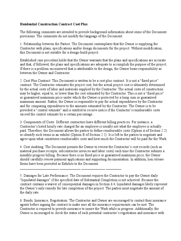 Residential Construction Contract Cost Plus PDF Indemnity Mediation