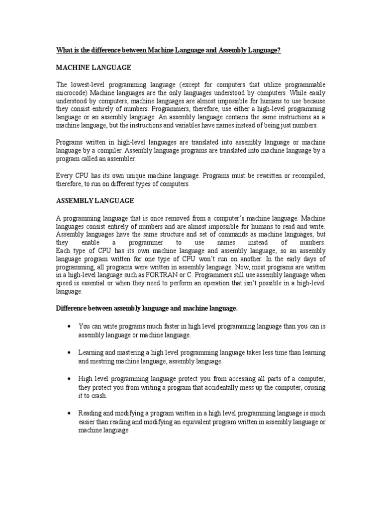 Difference Between Assembly and Machine Language PDF Programming