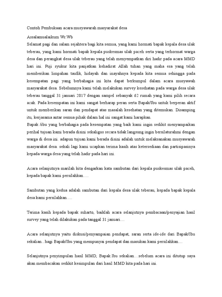 Contoh Pembukaan Acara Musyawarah Masyarakat Desa