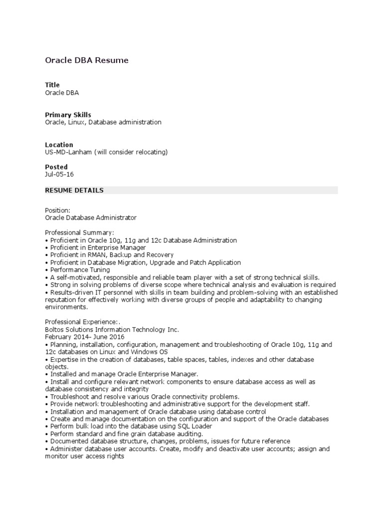 Oracle DBA Resume Sample | PDF | Oracle Database | Databases